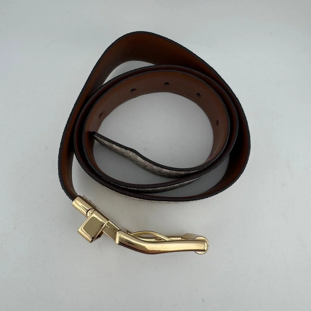 Michael Kors Reversible Belt 37.5' Vanilla Brown Good MK‎ Logo Gold Buckle
